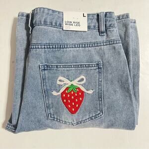 Forever 21 Blue Wide Leg Embroidered Strawberry Bow Jeans Size Large